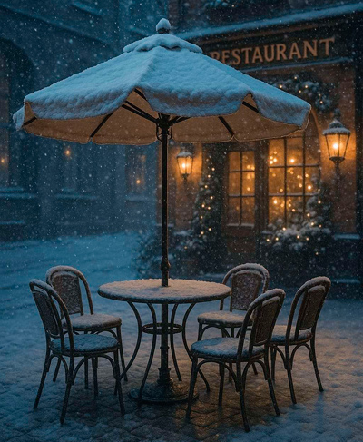 Romantisches Bild von einer nächtlichen Außenansicht eines Restaurant mit Schneefall